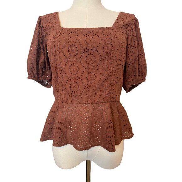 2/$30 NWT Band of the Free S Eyelet Lace Puff Sleeve Peplum Top Chocolate Brown - Picture 1 of 11